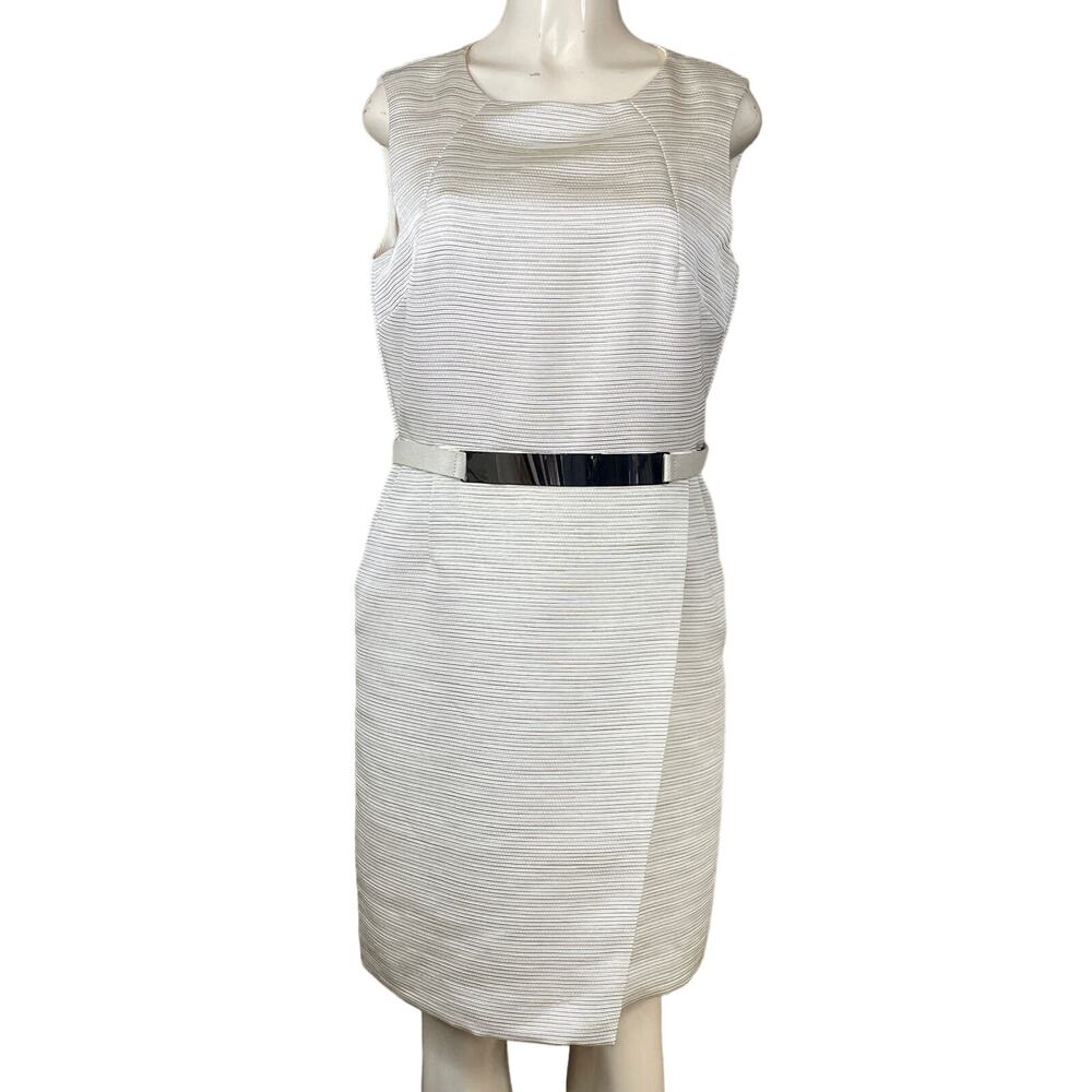 Antonio Melani Ivory Textured Sheath Dress Sleeveless Metallic Belt Size 10